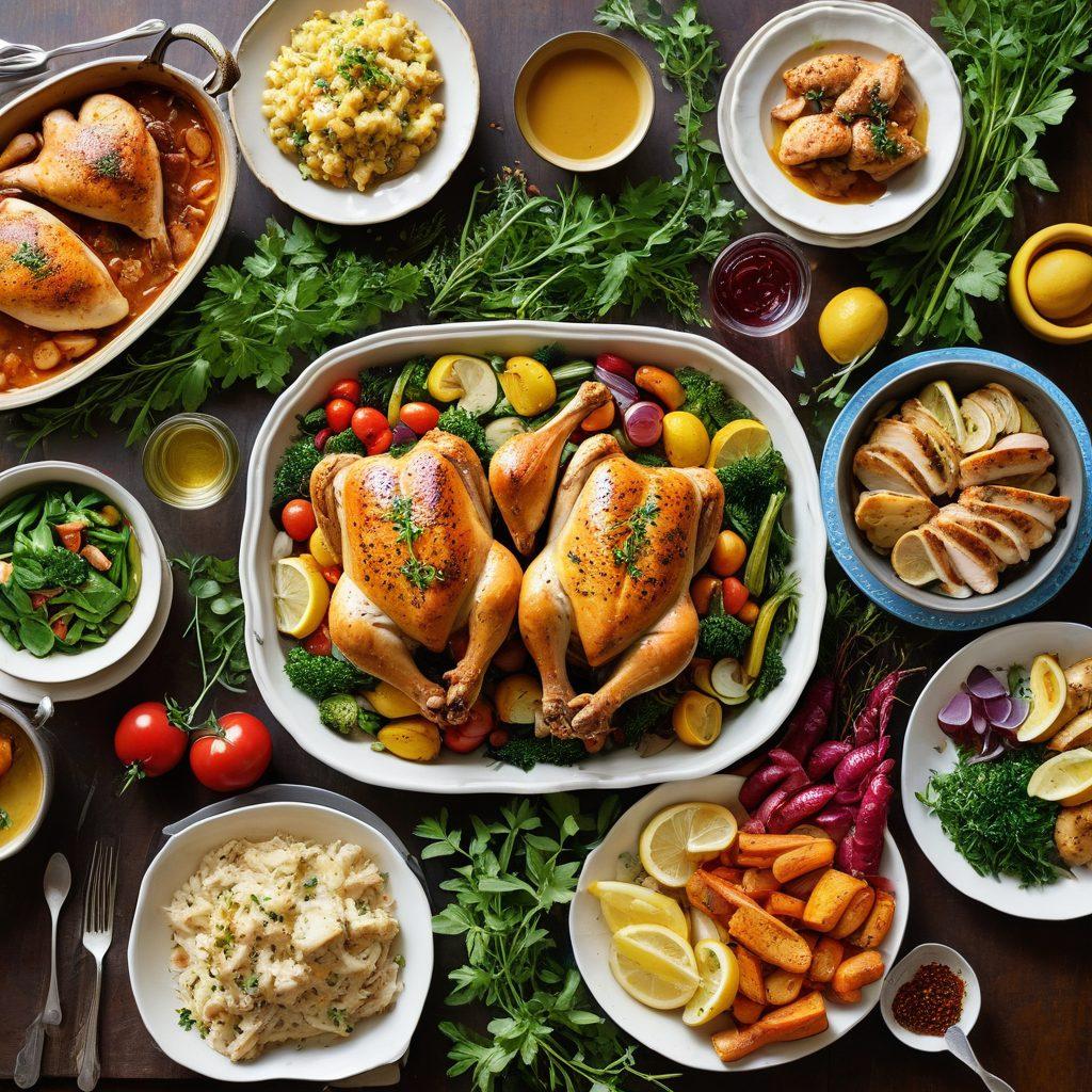 A beautifully laid dinner table featuring a variety of heartwarming chicken dishes, like a roasted lemon herb chicken, creamy chicken casserole, and tangy BBQ chicken tenders. Surround the table with lush greenery, colorful seasonal vegetables, and cheerful family members enjoying the meal together. Soft, warm lighting enhances the ambiance, embodying comfort and joy. The scene conveys love and togetherness through food. super-realistic. vibrant colors. warm lighting.