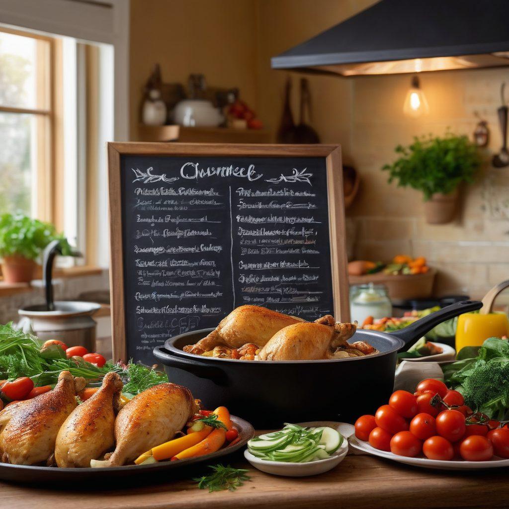 A cozy kitchen scene with a busy family preparing chicken dishes together, highlighting steaming pots and colorful ingredients like vegetables and herbs. The atmosphere should feel warm and inviting, with soft lighting that emphasizes the comfort of cooking together. Include a chalkboard in the background listing the 10 chicken recipes. super-realistic. vibrant colors. warm tones.